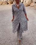 Damen Zweiteiliges Set mit Tunika V-förmigem Halsbereich Dreiviertelärmeln Knopfleiste und Langer Hose mit Geometrischem Muster