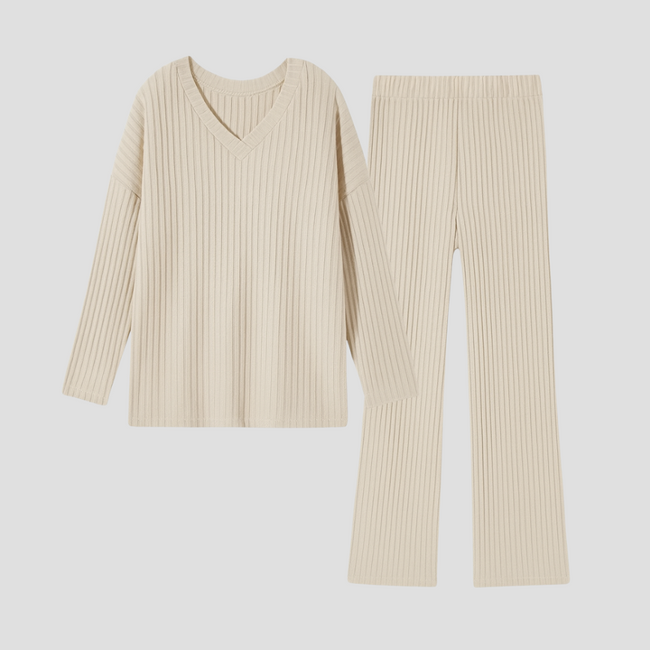 Dames tweedelig set met V-hals top en wijde broek