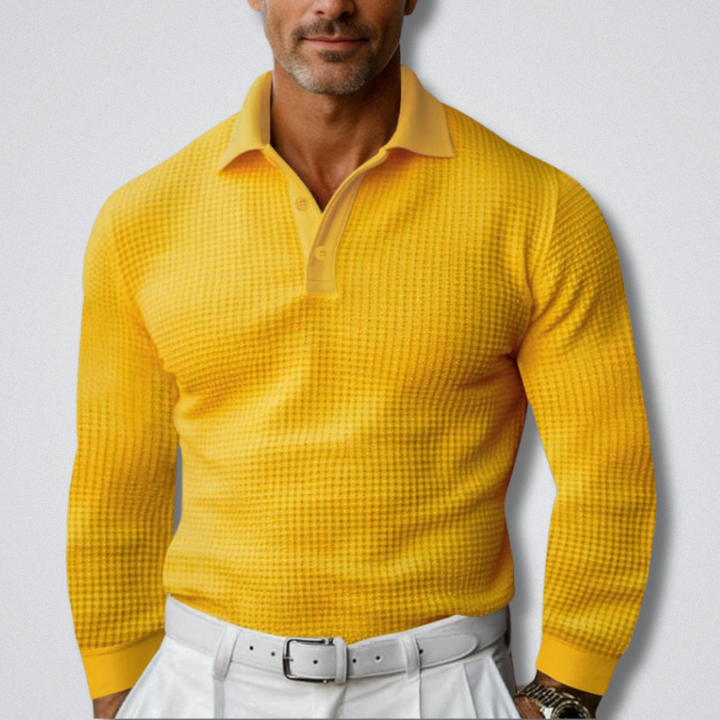 Herren Strick-Poloshirt mit Langarm und Rippstruktur – Gelb