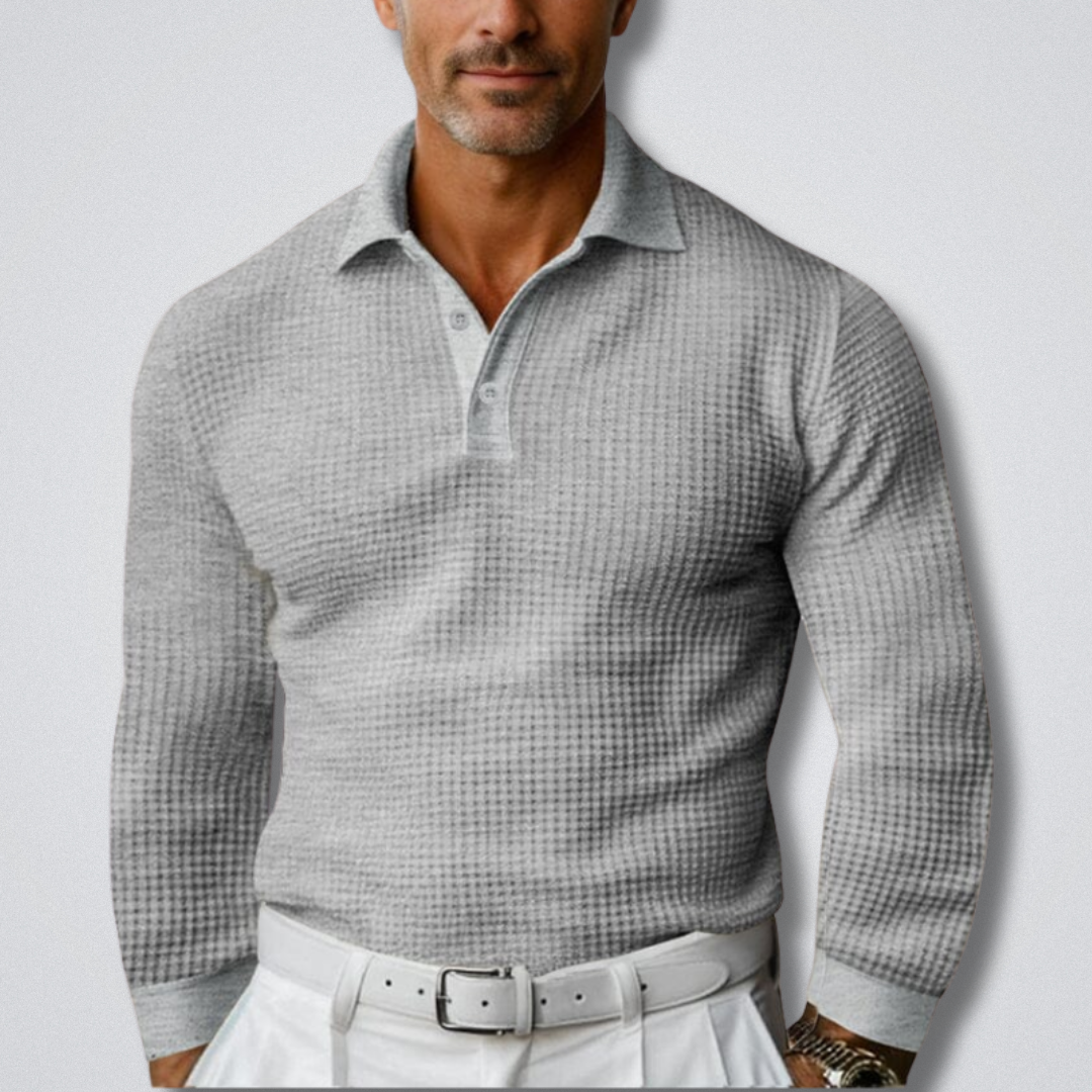 Herren Strick-Poloshirt mit Langarm und Rippstruktur – Grau