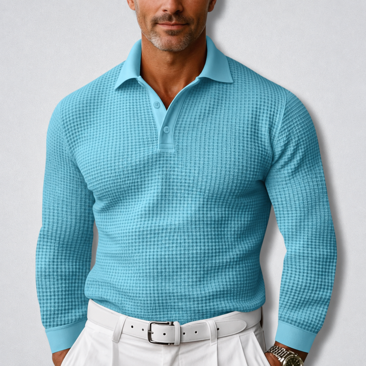 Herren Strick-Poloshirt mit Langarm und Rippstruktur – Hellblau
