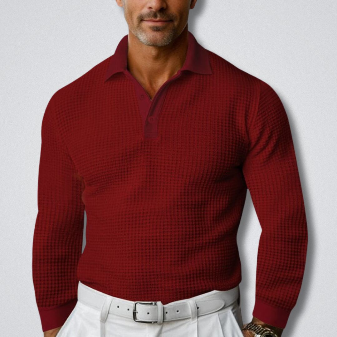 Herren Strick-Poloshirt mit Langarm und Rippstruktur – Rot