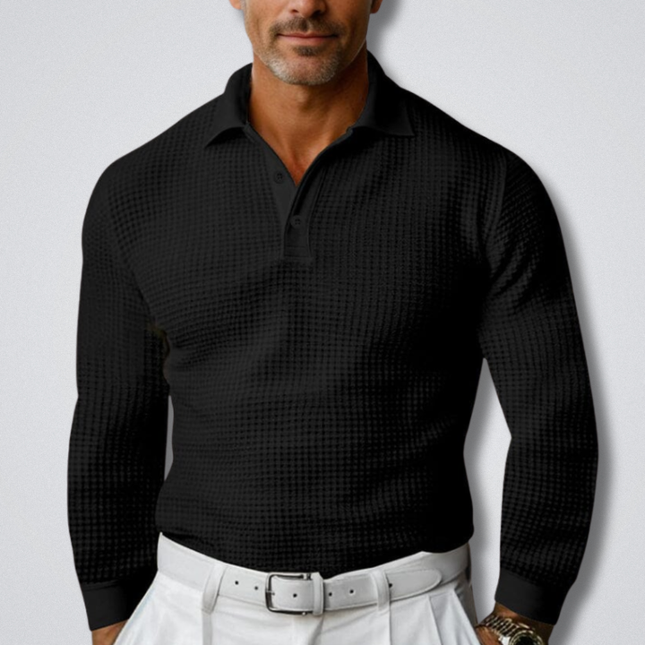 Herren Strick-Poloshirt mit Langarm und Rippstruktur – Schwarz
