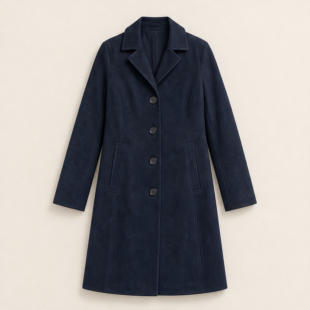 Ebba Damen Langer Mantel mit Reverskragen und einreihiger Knopfleiste – Marineblau