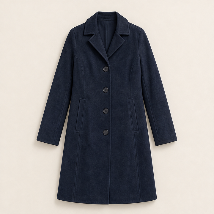 Ebba Damen Langer Mantel mit Reverskragen und einreihiger Knopfleiste – Marineblau