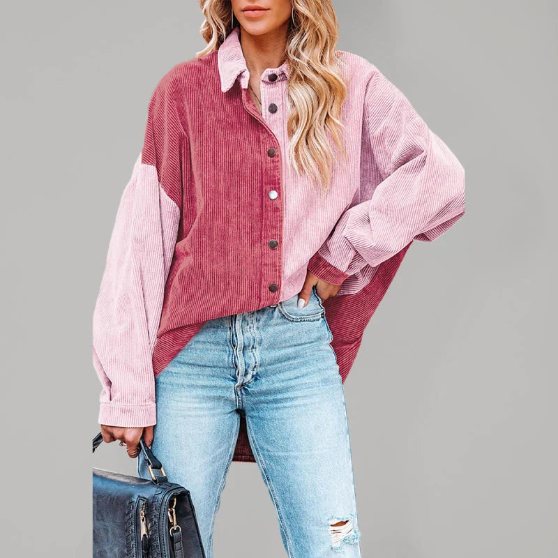 Edda | Damen Oversize-Jacke aus Cord mit Patchwork und Knopfleiste
