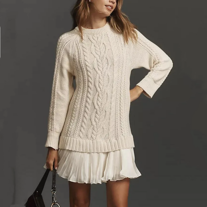Edda Damen Strickkleid in A-Linie mit Zopfmuster und Faltenrock
