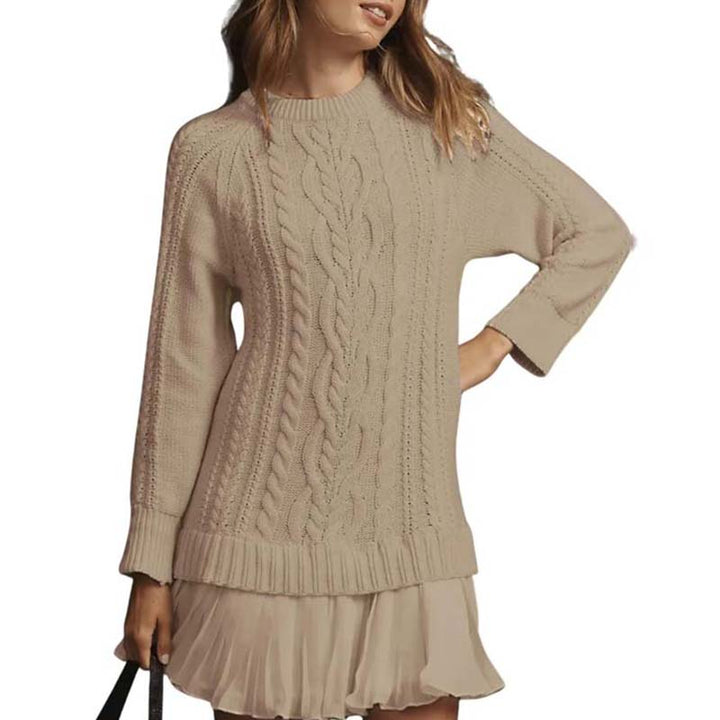 Edda Damen Strickkleid in A-Linie mit Zopfmuster und Faltenrock in Khaki