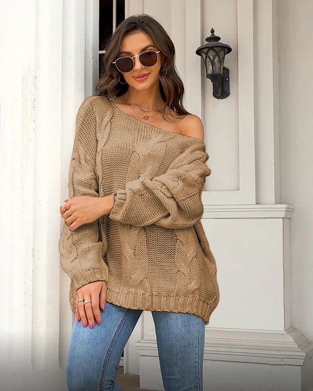 Edda | Damen Strickpullover mit Zopfmuster und langen Ärmeln