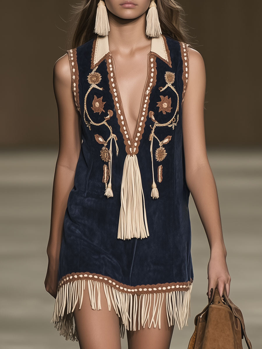 Elena | Damen Ärmelloses Boho-Minikleid mit Stickerei