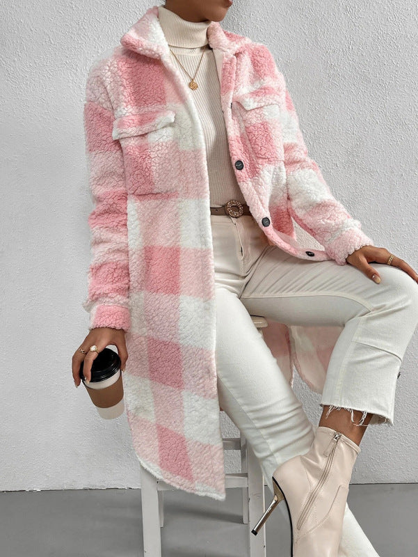 Elfie Damen lange Jacke mit Karomuster, Kragen und Knopfleiste