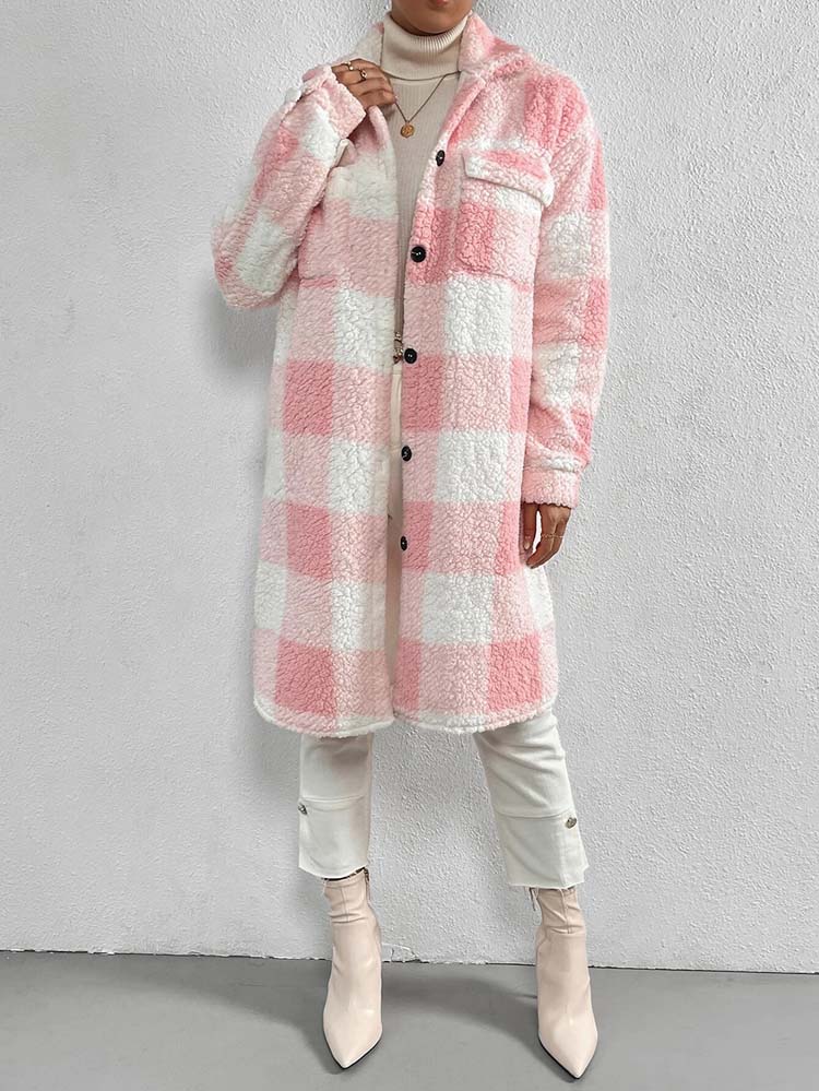 Elfie Damen lange Jacke mit Karomuster, Kragen und Knopfleiste