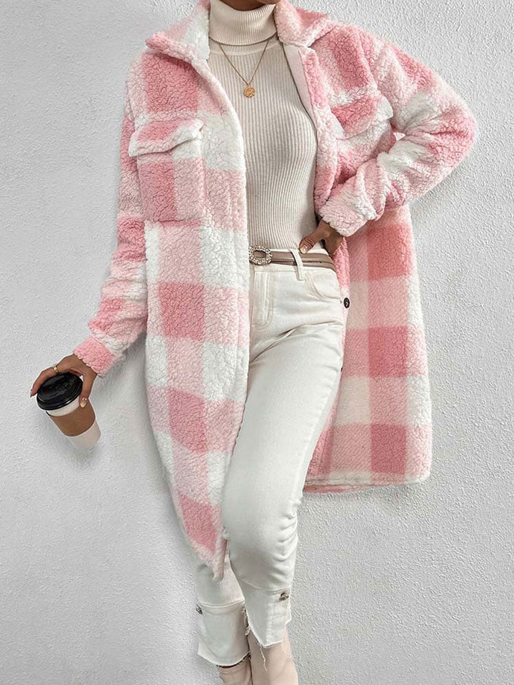 Elfie Damen lange Jacke mit Karomuster, Kragen und Knopfleiste