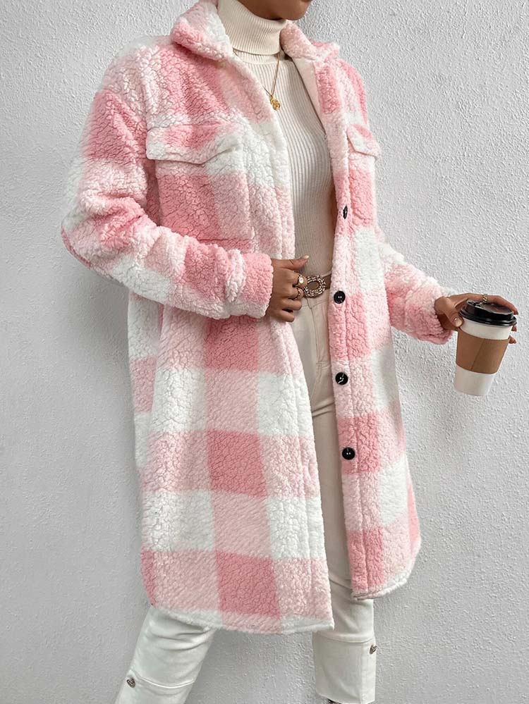 Elfie Damen lange Jacke mit Karomuster, Kragen und Knopfleiste