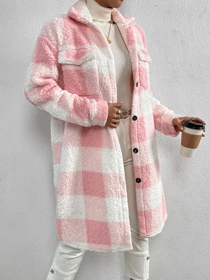 Elfie Damen lange Jacke mit Karomuster, Kragen und Knopfleiste