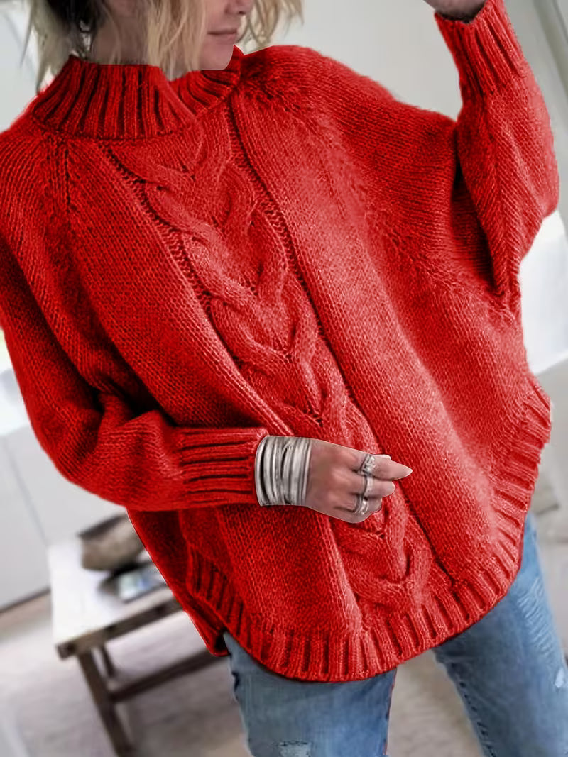 Elfie Damen Rollkragenpullover mit Fledermausärmeln und Zopfmuster