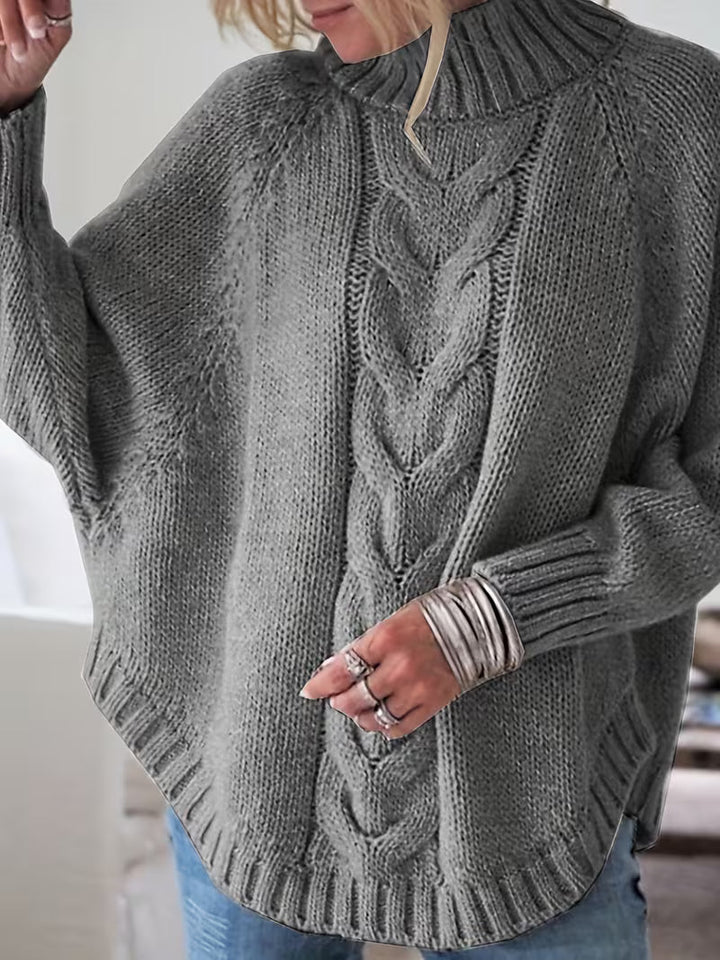 Elfie Damen Rollkragenpullover mit Fledermausärmeln und Zopfmuster Grau
