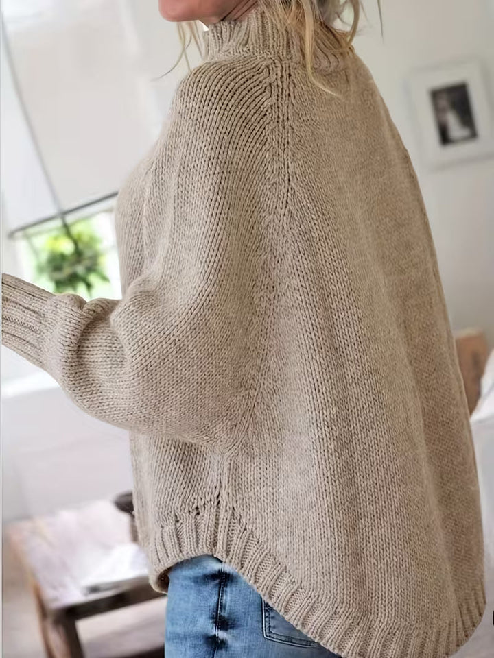 Elfie Damen Rollkragenpullover mit Fledermausärmeln und Zopfmuster Khaki