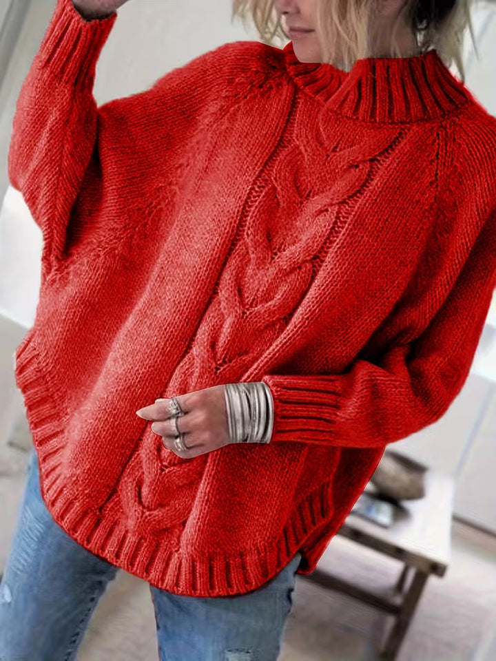 Elfie Damen Rollkragenpullover mit Fledermausärmeln und Zopfmuster Orange