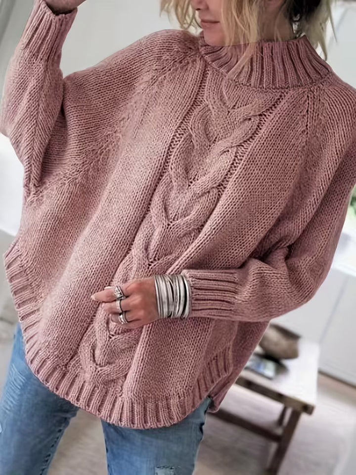 Elfie Damen Rollkragenpullover mit Fledermausärmeln und Zopfmuster Rosa