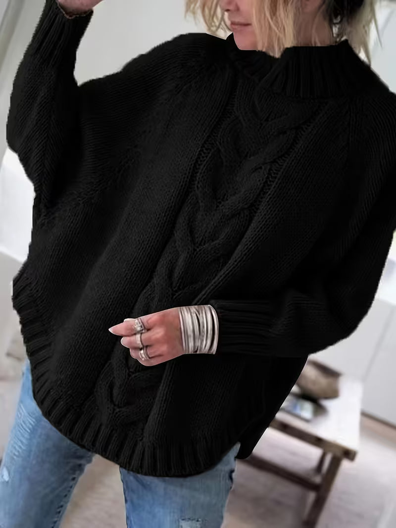 Elfie Damen Rollkragenpullover mit Fledermausärmeln und Zopfmuster Schwarz