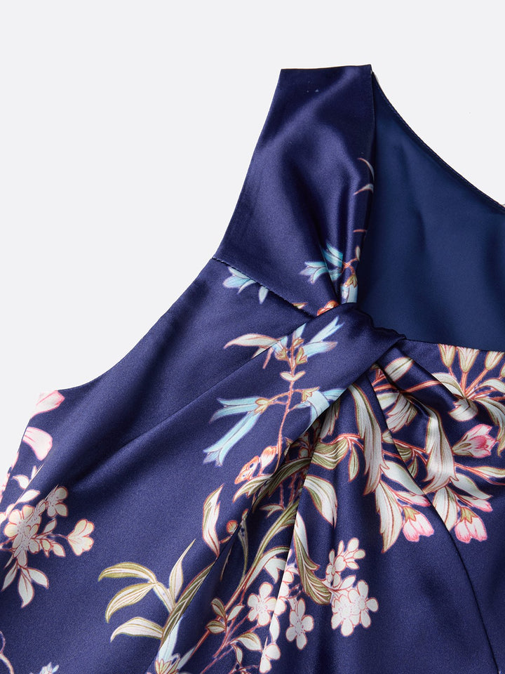 Elisa Damen Ärmelloses Midikleid mit Blumenmuster und Knotendetail – Marineblau