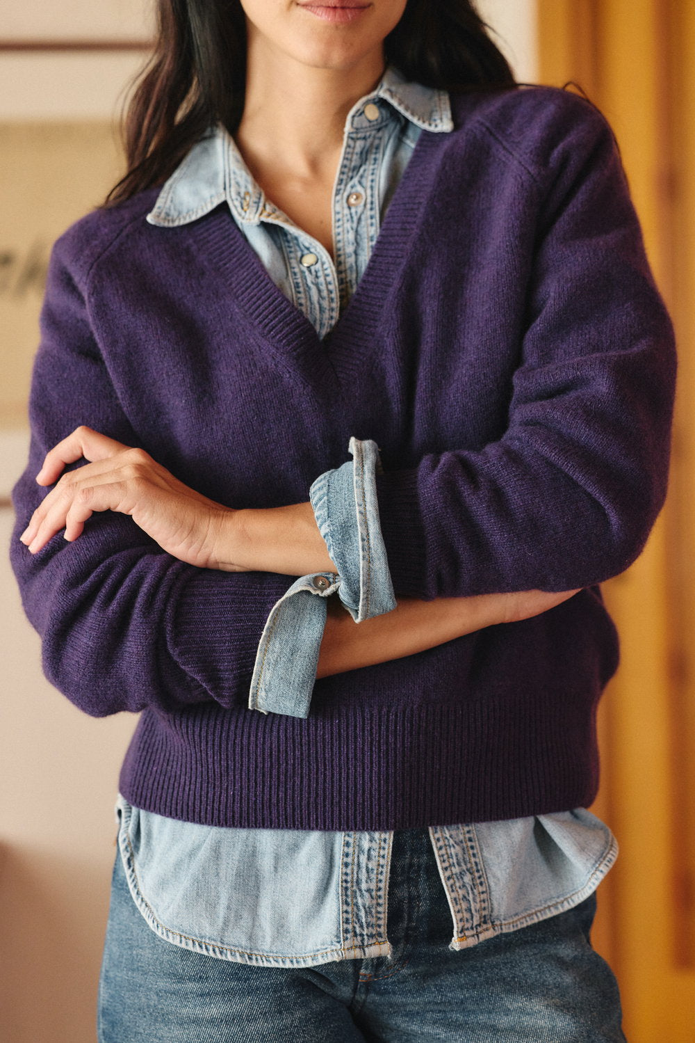 Elisa Damen Strickpullover mit V-Ausschnitt und klassischem geradem Schnitt