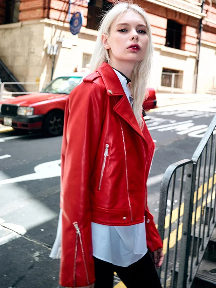 Ella Damen kurze Bikerjacke aus Kunstleder mit Reverskragen