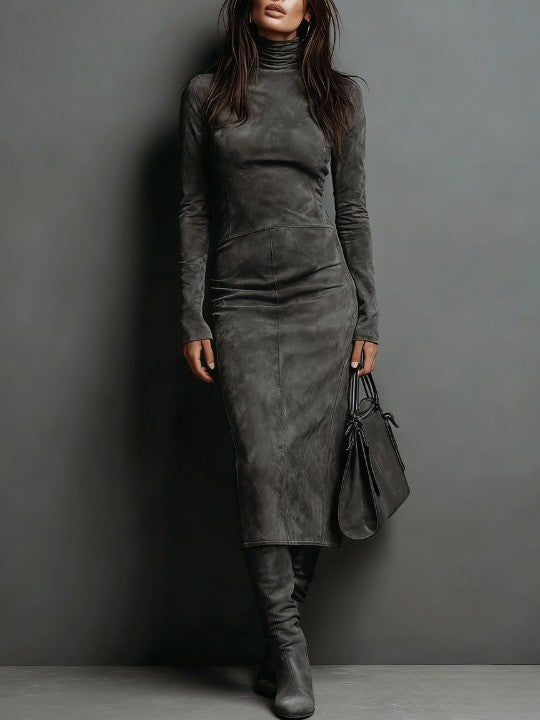 Ella Damen Midikleid mit Stehkragen und langen Ärmeln – Dunkelgrau