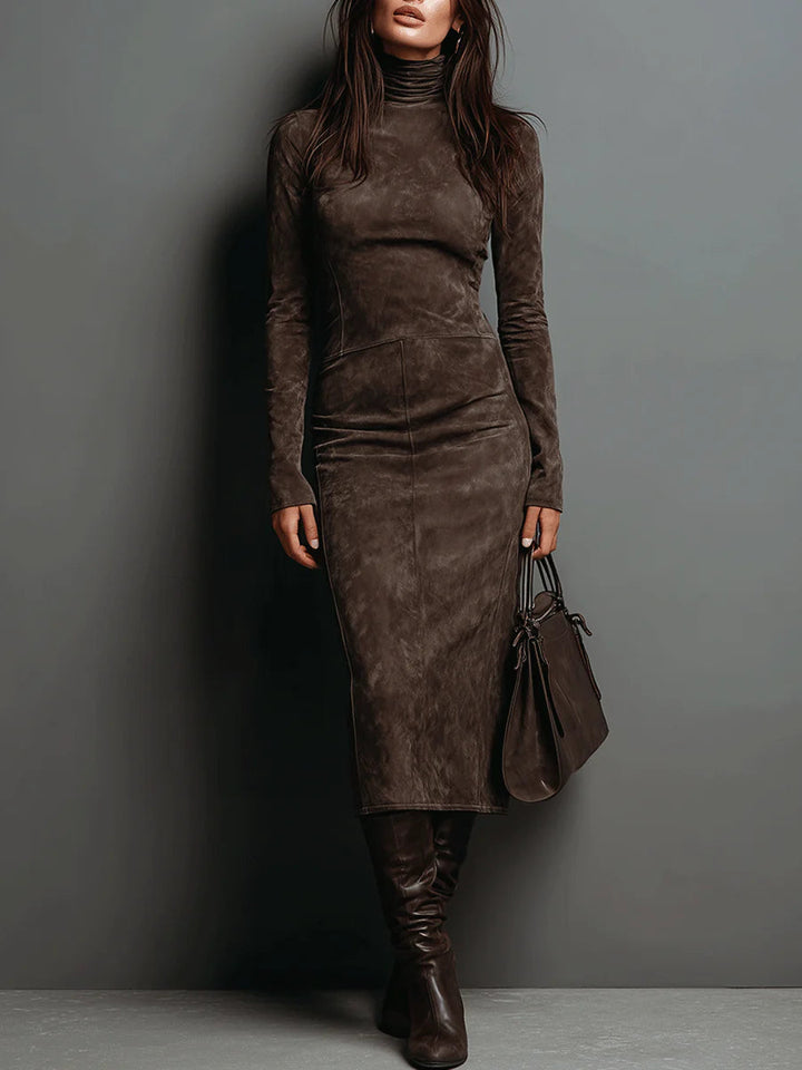 Ella Damen Midikleid mit Stehkragen und langen Ärmeln – Mokka