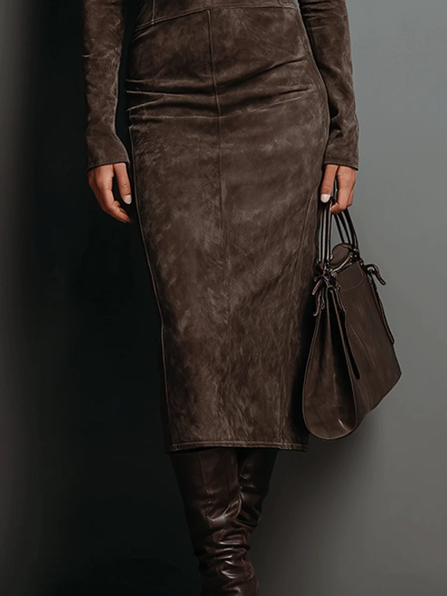 Ella Damen Midikleid mit Stehkragen und langen Ärmeln