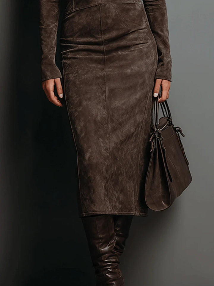 Ella Damen Midikleid mit Stehkragen und langen Ärmeln