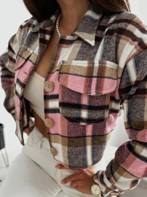 Elsa | Damen kurze Hemdjacke mit Karomuster und Klappentaschen