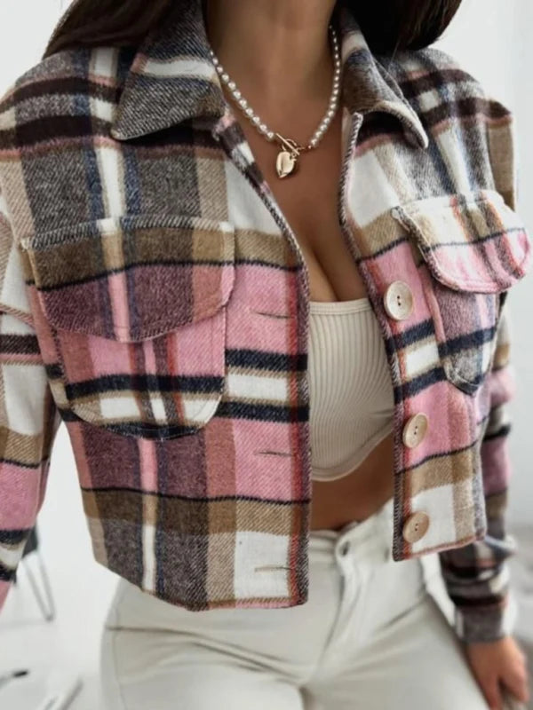 Elsa | Damen kurze Hemdjacke mit Karomuster und Klappentaschen