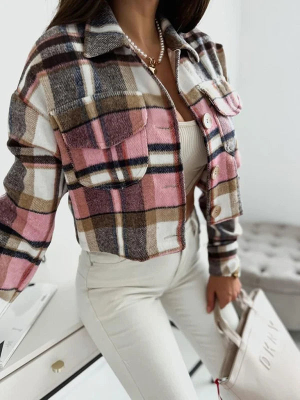 Elsa | Damen kurze Hemdjacke mit Karomuster und Klappentaschen