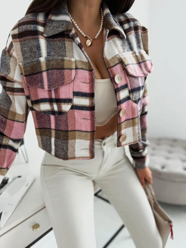 Elsa | Damen kurze Hemdjacke mit Karomuster und Klappentaschen
