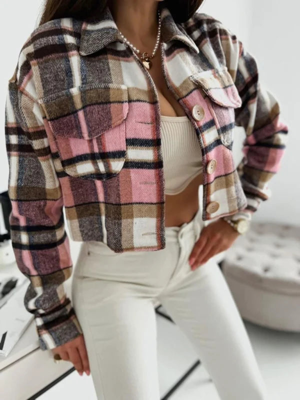 Elsa | Damen kurze Hemdjacke mit Karomuster und Klappentaschen