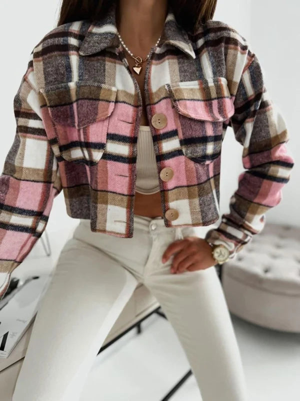 Elsa | Damen kurze Hemdjacke mit Karomuster und Klappentaschen