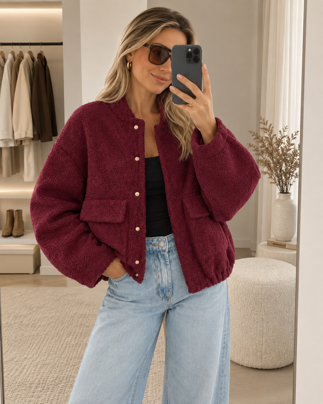 Emma Damen Kurze Bomberjacke mit Knopfverschluss – Bordeaux