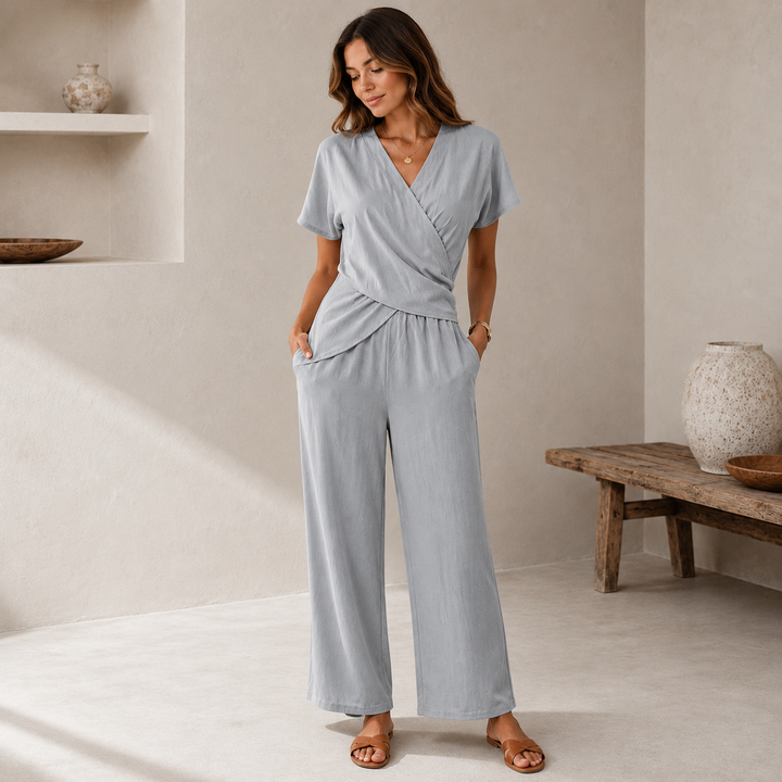 Estelle | Damen Kurzarm Jumpsuit mit V-Ausschnitt