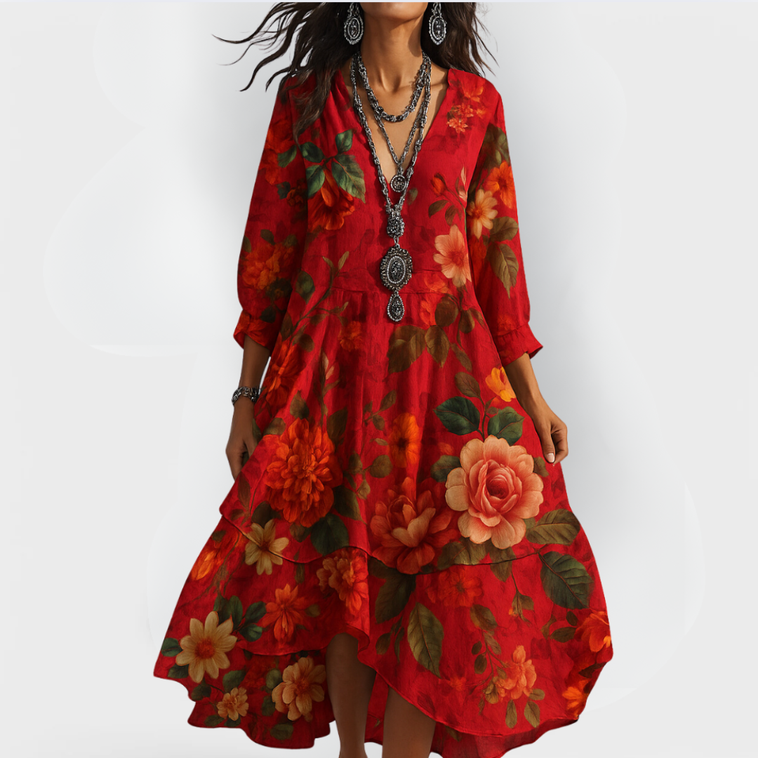 Eva | Damen Vintage Boho Sommerkleid mit V-Ausschnitt