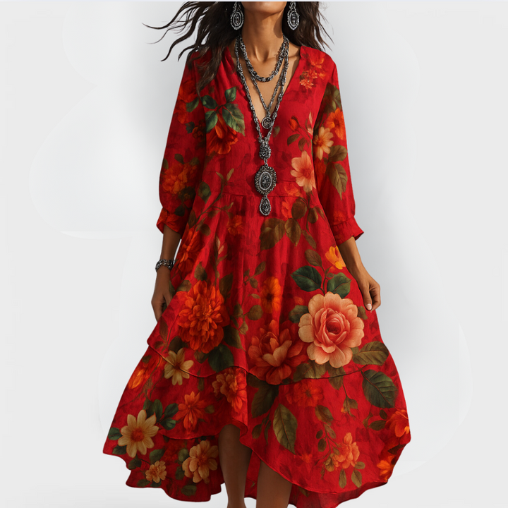 Eva | Damen Vintage Boho Sommerkleid mit V-Ausschnitt