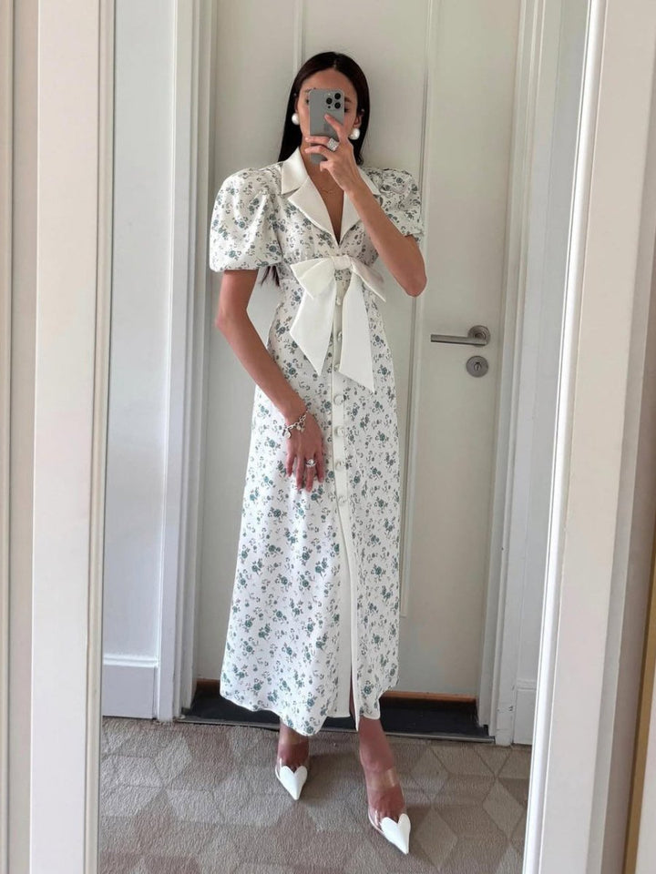 Festliches Kleid Damen Maxi mit Blumenmuster Puffärmeln und Schleifenband