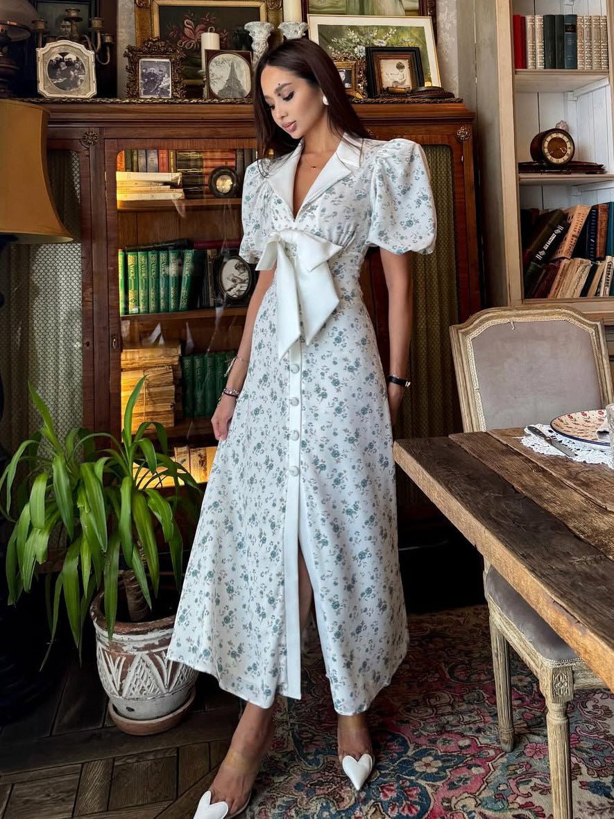 Festliches Kleid Damen Maxi mit Blumenmuster Puffärmeln und Schleifenband
