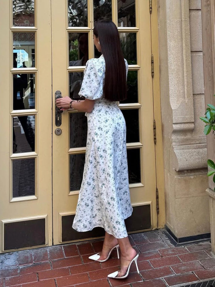 Festliches Kleid Damen Maxi mit Blumenmuster Puffärmeln und Schleifenband
