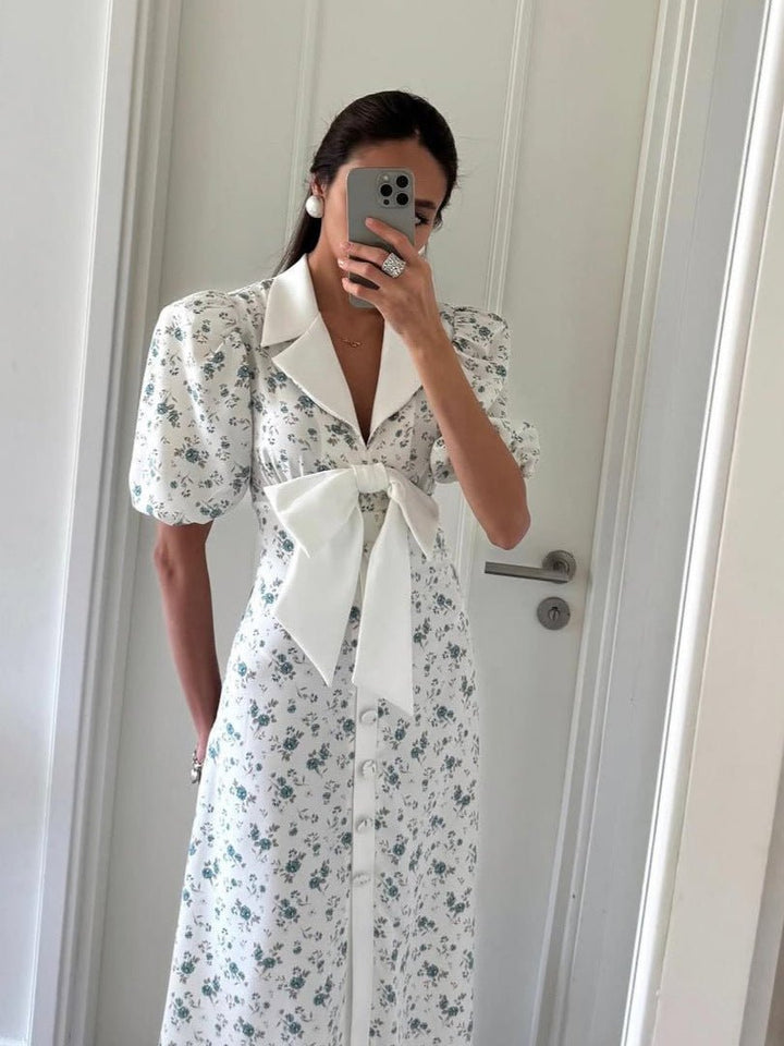 Festliches Kleid Damen Maxi mit Blumenmuster Puffärmeln und Schleifenband