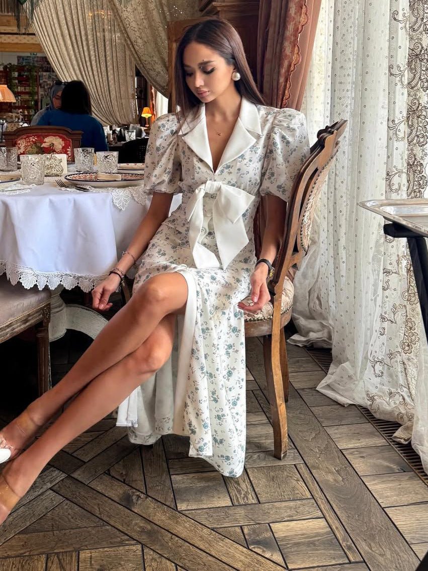 Festliches Kleid Damen Maxi mit Blumenmuster Puffärmeln und Schleifenband