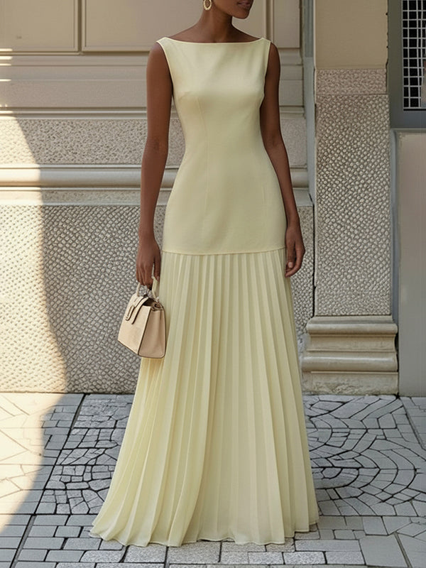 Festliches Kleid Damen Maxi mit Bootausschnitt und Drop-Waist-Naht und Plissee-Rockbereich