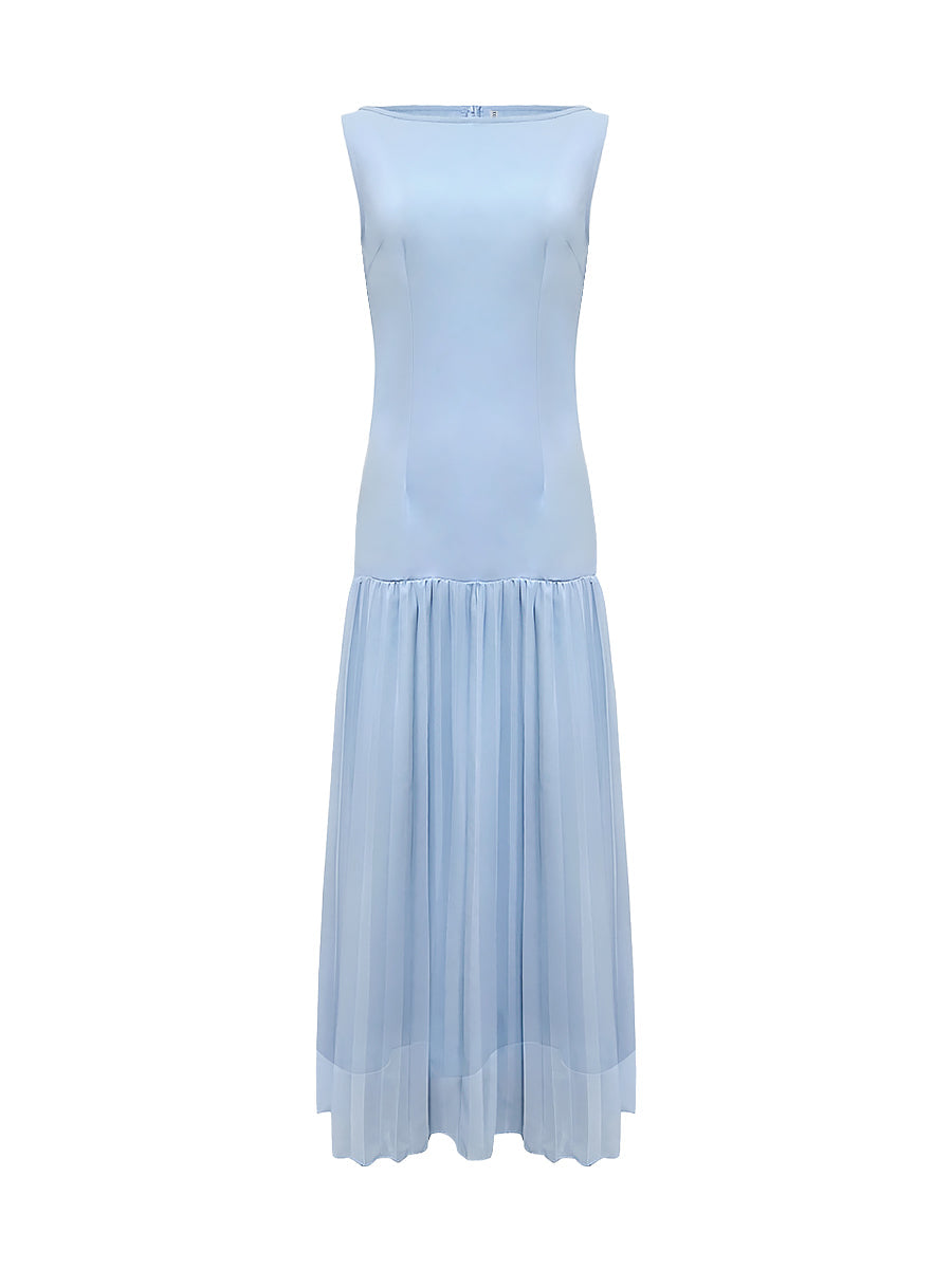 Festliches Kleid Damen Maxi mit Bootausschnitt und Drop-Waist-Naht und Plissee-Rockbereich