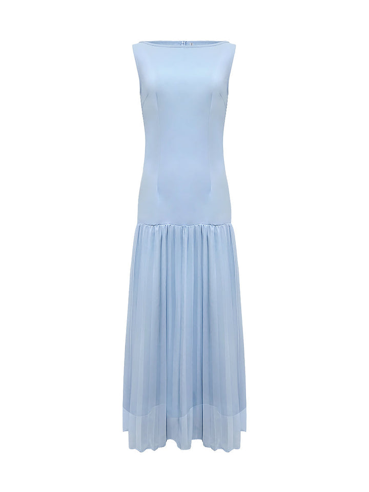 Festliches Kleid Damen Maxi mit Bootausschnitt und Drop-Waist-Naht und Plissee-Rockbereich